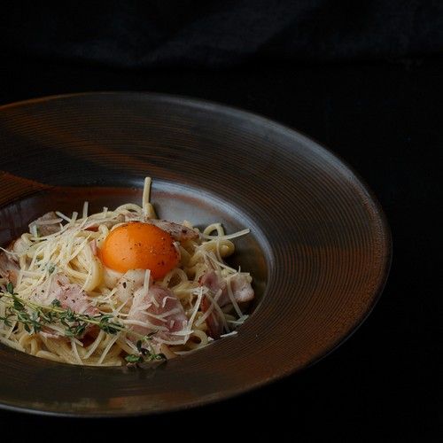 Спагетти, яйцо куриное, бекон, базилик зеленый, чеснок, сливки, сыр пармезан.
